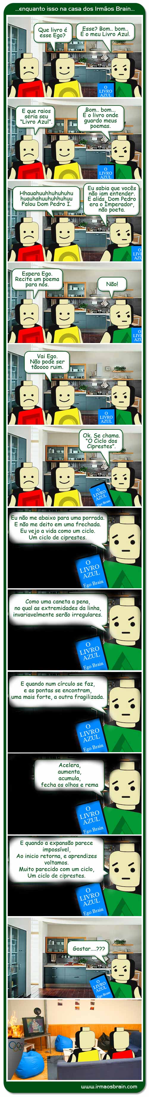 Que livro é esse ego? Esse? Bom.. Bom.. É o meu Livro Azul. E que raios seria seu Livro Azul Bom Bom É o livro onde guardo meus poemas. ahuhuauhhuhauhu Falou Dom Pedro I Eu sabia que vocies não iam entender. E aliás, Dom Pedro era o Imperador não poeta. Vai Ego. Não pode ser tãooo ruim. Ok. Se chama O Ciclo dos Ciprestes Eu não me abaixo para uma porrada E não me deito em uma frechada. Eu vejo a vida como um ciclo Um ciclo de ciprestes. Como uma caneta a pena, no qual as extremidades da linha, invariavelmente serão irregulares. E quando num círculo se faz, e as pontas se encontram, uma mais forte, a outra fragilizada. Acelera, aumenta, acumula, fecha os olhos e rema E quando a expansão parece impossível,<br />
Ao inicio retorna, e aprendizes voltamos. Muito parecido com um ciclo, Um ciclo de ciprestes.Ego Brain. Gostaram??